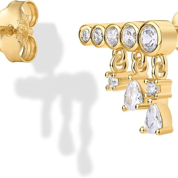 14K Gold Plated Sterling Silver Drop Earrings Cubic Zirconia Women Gift - Picture 3 of 5